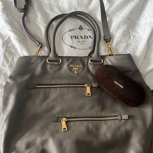 Prada soft calf zip convertible tote “bambu” gray